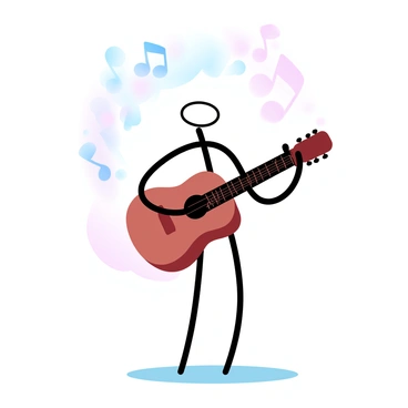 A stickman is standing while playing an acoustic guitar. The stickman's arms are positioned on the guitar's neck and body, creating a musical pose. The stickman has a straight line representing the body and limbs, with a curved line suggesting the head. Surrounding the stickman is a collection of musical notes floating upwards, indicating a song is being sung. The background features a gradient of pastel colors, adding a soft ambiance to the scene.