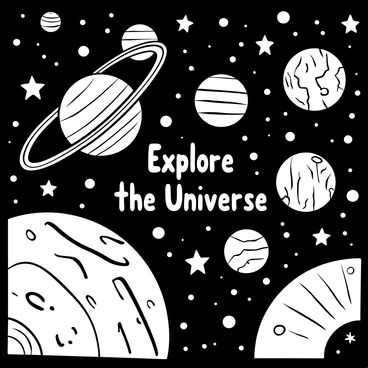 A vast galaxy filled with large, detailed planets of various sizes and shapes, some with rings, surrounded by numerous twinkling stars scattered throughout the space. The planets have distinct textures, showcasing craters and valleys. Stars vary in size, some being large and prominent while others are smaller and more subtle. The scene has a sense of depth, with some planets appearing closer to the viewer than others, creating layers within the galaxy. The words "Explore the Universe" appear prominently in the center of the composition.
