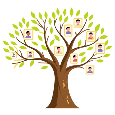 A family tree with a sturdy brown trunk and branches spreading out widely in a symmetrical pattern. The branches are adorned with green leaves, and each branch holds multiple golden frames containing portraits of family members. The portraits depict individuals of various ages, representing different generations. Some branches are thicker, indicating larger family lines, while others are more delicate, showcasing smaller branches. The roots of the tree are also visible, intertwining in a rich, earthy background.