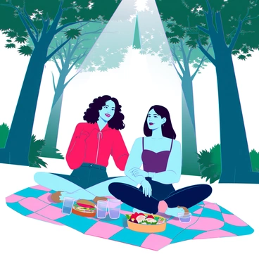 A couple sitting on a vibrant, checkered picnic blanket in a lush green forest. One person has medium skin and curly hair, while the other has light skin and straight hair. They are enjoying a picnic with an assortment of colorful food laid out in front of them, including sandwiches, fruits, and drinks. Surrounding them are tall trees with rich green leaves, and shafts of sunlight piercing through the canopy, creating a warm, inviting atmosphere. The couple is smiling at each other, with a soft breeze gently rustling the leaves above them.
