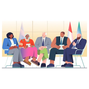 A diverse group of six individuals is seated together in a parliamentary chamber. The members represent different backgrounds: a woman with dark skin and curly hair wearing a blue blazer, a man with light skin and short, straight hair in a gray suit, an elderly woman with white hair and glasses adorned in a vibrant red dress, a young man with a medium skin tone and a shaved head dressed in a black suit, a woman with long brown hair and a floral blouse, and a man with tan skin and a beard wearing a navy blue tie. They are engaged in conversation, with some leaning forward attentively, while others are taking notes on their tablets. The room is filled with wooden paneling, and there are flags displayed in the background. The atmosphere conveys a sense of collaboration and active discussion.