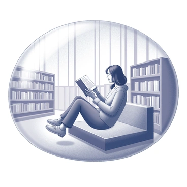 A person is sitting comfortably inside a large, transparent bubble. The bubble is suspended above a library, with rows of bookshelves visible below. The person's expression is one of bliss as they are engrossed in reading a book, holding it open with both hands. Their attire includes a cozy sweater and loose-fitting pants, contributing to a relaxed vibe. The library features tall bookshelves filled with books of various sizes, and large windows allow light to filter in, casting interesting shadows on the floor.