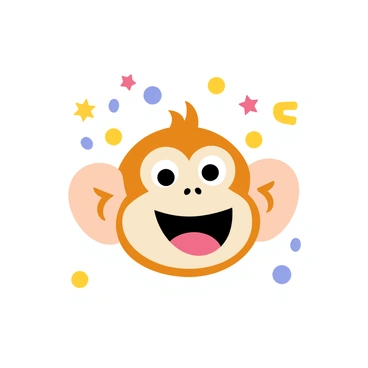 A cartoon-style illustration of an excited monkey face with wide, joyful eyes and a big open smile. The monkey's ears are perked up in delight. Colorful confetti in various shapes, including stars and circles, is falling around the monkey, creating a festive atmosphere. The background is simple to keep the focus on the monkey and the confetti.
