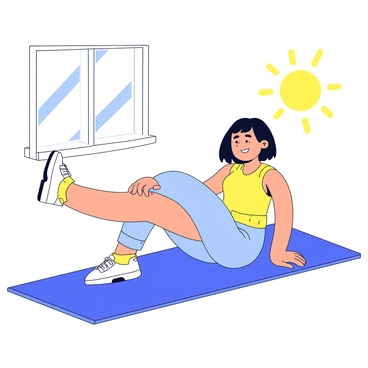 A person is seated on a vibrant blue yoga mat, with their legs extended straight out in front of them. The individual has one hand reaching towards their toes, while the other hand is resting on the mat for support. Their back is slightly bent forward, emphasizing the stretch in their hamstrings. The person's attire consists of comfortable workout clothes, and they have a focused expression, demonstrating concentration. Sunlight streams in from a window, creating a warm and inviting ambiance in the space.