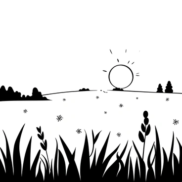 A wide expanse of a misty field stretching toward the horizon, with various grasses swaying gently in the breeze. In the background, a large sun is partially visible, rising above the landscape. Rays of light radiate from the sun, illuminating the mist and creating a soft glow. Scattered silhouettes of distant trees can be seen, softly outlined by the early morning light. The atmosphere reflects the calmness of a September morning, with layers of mist hovering close to the ground.