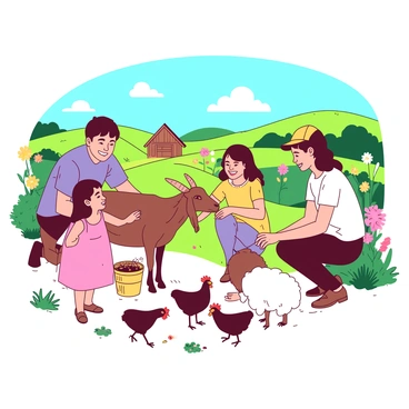 A group of four people, consisting of two adults and two children, is visiting a vibrant farm. The adults, a man and a woman, are crouched down offering feed to a brown goat that eagerly munches from their hands. One of the children, a girl in a pink dress, is laughing as she gently pats a fluffy white sheep beside her. The other child, a boy wearing a yellow cap, is holding a small bucket of animal feed while looking curiously at a group of chickens pecking at the ground nearby. In the background, a bright blue sky is visible above rolling green hills adorned with colorful wildflowers, creating a picturesque farm scenery.