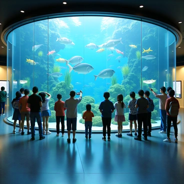 An aquarium annex with a spacious interior filled with large glass walls. In the center, there is a large tank filled with vibrant marine life, including colorful tropical fish, graceful rays, and swaying seaweed. The tank is well-lit, showcasing the vivid colors of the creatures within. Around the tank, a group of visitors of diverse ages and backgrounds stands, gazing in awe at the marine inhabitants. Some visitors are pointing excitedly, while others are taking pictures. The floor is tiled, and there are informational signs about the marine life displayed alongside the tank. Bright, ambient lighting enhances the atmosphere of exploration.