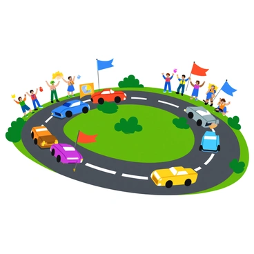 A colorful array of toy race cars speeding along a winding track. The cars feature vibrant colors such as red, blue, and yellow, all with distinct racing designs. Surrounding the track, a group of cheerful toy spectators, including small figures of children and animals, stand with their arms raised, cheering enthusiastically. The track has sharp curves and elevation changes, with green grass alongside it, enhancing the sense of excitement in the scene. Bright flags are placed at various points along the track, fluttering in the imaginary breeze.