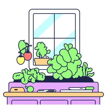 A kitchen scene features a small indoor vegetable garden in the corner. The garden contains several thriving plants, with "tomatoes" hanging on green vines, alongside "peppers" in vibrant shades of yellow and green. There are also various leafy "greens" growing densely in the soil. The kitchen is equipped with a countertop made of wooden material, where a cutting board and knife are placed, reflecting a preparation area. Above the garden, a window allows natural light to flood in, highlighting the freshness of the plants.