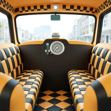 A taxi cab interior featuring a checker patterned design on the seats and floor. The upholstery is in vibrant black and yellow checks, creating a classic look. The cab includes a vintage-style meter prominently displayed on the dashboard, with a round, glass front, illuminated dials, and a metallic casing. The cab is equipped with spacious bench seats that accommodate multiple passengers, covered in the same checker patterned fabric. Soft lighting enhances the inviting atmosphere of the interior, with a view of the rear window showcasing the bustling city outside.