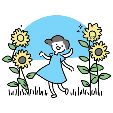A bright frame of towering sunflowers with large yellow petals and green stems surrounding a child. The child is wearing a light blue dress and has short brown hair, spinning joyfully in a sunny field filled with tall grass. The sunflowers are positioned at varying heights, creating a vibrant border around the scene. The sky is clear and blue, contributing to the cheerful atmosphere.