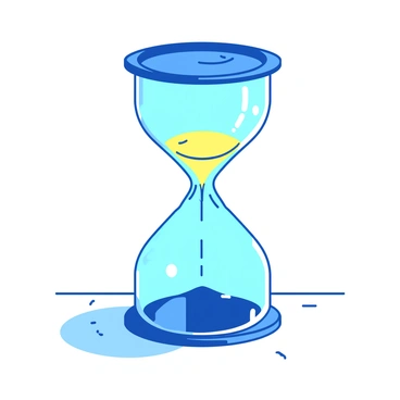 A blue hourglass with elegant curves is positioned upright on a smooth white surface. Inside the hourglass, vibrant yellow sand flows from the top chamber to the bottom chamber, glowing softly as it descends. The hourglass is partially filled, with the yellow sand halfway down, indicating the passage of time. Fine details of the glass reflect light, creating subtle highlights and shadows on the surface beneath it. The environment around the hourglass is minimally decorated, emphasizing the countdown mechanism of the glowing sand within.