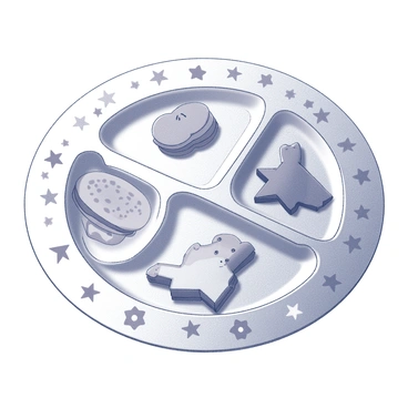 A dinner plate with a circular shape designed specifically for children. The plate is divided into sections, each shaped like various fun elements such as animals and stars. The sections are filled with stylized food shapes that represent playful versions of common children's favorites, such as a star-shaped piece resembling a sandwich, an animal-shaped vegetable, and a fruit piece shaped like a cartoonish animal. The edges of the plate might feature additional playful designs or patterns that complement the whimsical theme.