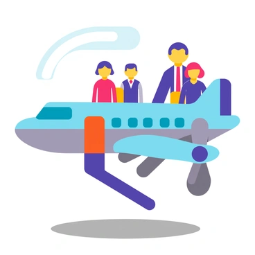 Travelers dressed in mid-century fashion, wearing suits and elegant dresses, are boarding a classic airplane with a gleaming exterior and retro propellers.