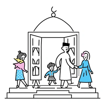 A mosque with a dome and minaret, featuring wide open doors that reveal intricate patterns. A diverse group of people is entering through the doors. A man in traditional white attire is leading a woman wearing a colorful scarf. A child is holding hands with an elderly person in a patterned tunic. Another individual in a blue dress and headscarf is stepping into the mosque, smiling. The steps leading to the entrance are adorned with simple decorative elements.