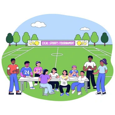 A group of athletes is gathered at a local sports field for registration. In the foreground, several individuals are filling out forms at a long table set up on the grass. Each athlete displays a different sports uniform, representing various teams. Behind them, there are banners with "Local Sports Tournament" written in bold letters. The field is marked with white lines for various sports, and a bright blue sky is visible above, with a few fluffy white clouds. Trees line the edges of the field, providing a touch of greenery.