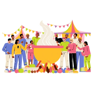 A large group of diverse cartoon characters, including men and women of various ages and ethnic backgrounds, gather around a large, bubbling pot placed over an open fire. The pot is colorful and steaming, with swirls of aroma rising from it. Some characters are leaning in closer to the pot, while others are animatedly chatting and laughing, displaying excitement and anticipation for the feast. Various food ingredients like vegetables and herbs are scattered around the scene, adding to the festive atmosphere. Brightly colored tents and decorations can be seen in the background, contributing to the lively setting.