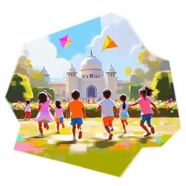 A scene depicting children playing joyfully in the gardens of Bangalore Palace. Several children of diverse backgrounds are engaged in various activities. Some are running with colorful kites soaring high in the clear blue sky, while others are gathered in small groups playing games on the lush green grass. The garden is adorned with vibrant flowers and well-maintained hedges, providing a picturesque backdrop. A majestic view of the Bangalore Palace is visible in the background, with its distinct architectural features complementing the lively atmosphere. The children are dressed in bright, playful clothes, adding to the cheerful ambiance of the scene.