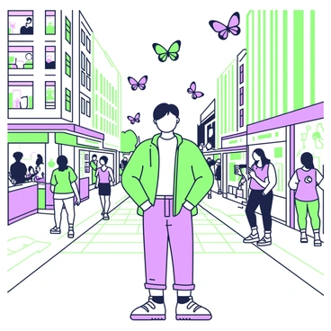 A city scene unfolds on a bustling street filled with people and activity. In the foreground, a person stands with a relaxed posture, wearing a casual outfit that includes a light jacket and jeans. Surrounding the person, colorful butterflies flutter gracefully in the air, gently landing on their shoulders and arms, creating a sense of connection with nature amidst the urban environment. Tall buildings line the street, with shopfronts showcasing various items. The ground is paved with bricks, and pedestrians are seen walking, some engaged in conversations while others are focused on their smartphones.