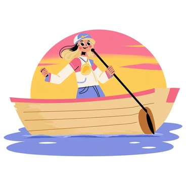 A cheerful gesugao ship girl with flowing hair is sailing on a small boat. The girl has large, expressive eyes and a bright smile. She wears a colorful outfit with nautical themes and her hair is gently blowing in the wind. The boat is a wooden rowboat with a smooth surface, floating on calm waters. The sunset behind her is vibrant, with warm hues of orange, pink, and purple blending in the sky, reflecting on the water's surface. Small waves gently lap against the side of the boat, adding a sense of movement to the scene.