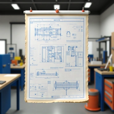 A factory blueprint pinned to a workroom wall. The blueprint features detailed diagrams and technical drawings, showcasing the layout of the factory, including machinery placement, assembly lines, and safety exits. The paper is slightly wrinkled and has yellowed edges, indicating it has been used frequently. Several pushpins hold the corners of the blueprint in place against a backdrop of a structured workroom, with tools and equipment visible around the walls, creating an organized industrial atmosphere.