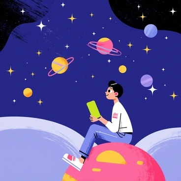 A 3D human figure with distinct features is sitting on a small, colorful planet with a textured surface. The figure is gazing up at the night sky, which is filled with vibrant swirling colors of blue, purple, and pink, representing a mesmerizing galaxy. Numerous shiny stars twinkle across the sky, alongside bright planets in various hues, creating a spectacular cosmic display. The scene features a sense of wonder and exploration.
