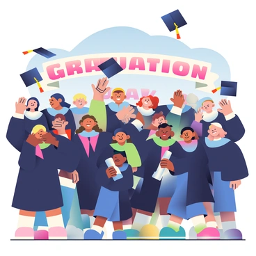 A large group of students with diverse skin tones and hairstyles is celebrating at a graduation ceremony. They are wearing black caps and gowns, with some decorated with colorful tassels. In the foreground, several students are joyfully tossing their caps into the air, their faces beaming with happiness. A few students are hugging each other, while others are holding diplomas proudly. The background features a banner that reads "Graduation Day" in bold letters, and a clear blue sky is visible above, adding to the celebratory atmosphere.