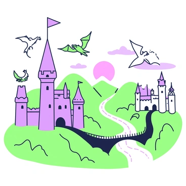 A fantasy world featuring multiple castles scattered across a lush landscape. In the foreground, there is a large castle with tall towers and a flag waving from the highest point. Nearby, a smaller castle with a drawbridge can be seen, surrounded by a moat. Above the castles, several dragons soar through the sky, their wings spread wide. Some dragons are circling the towers while others are perched on the edges of the castle walls. In the background, rolling hills and a winding river add depth to the scene. The sun is setting, casting soft light over the entire landscape, creating a magical atmosphere.