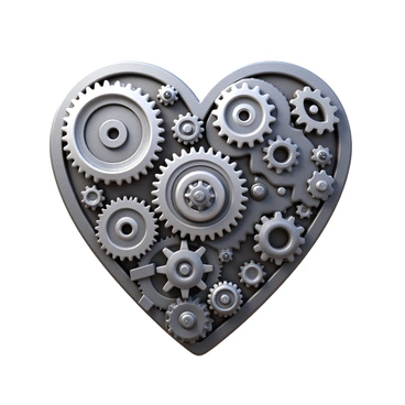 A mechanical heart composed of intricate gears and cogs with a metallic finish. The heart features various sizes of gears interlocked together, showcasing different textures and details. Some cogs are shiny while others have a weathered appearance, creating a contrast in the overall design. Tiny rivets can be seen holding the components together, enhancing the mechanical aesthetic. The heart is presented in a three-dimensional view, allowing for a clear observation of its complex inner workings.