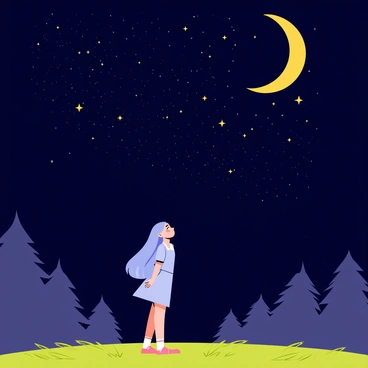 A girl with long flowing hair is standing alone in a grassy field. She is wearing a light blue dress that sways gently in the night breeze. The sky above her is filled with countless shining stars, twinkling brightly against a deep navy background. A large, golden crescent moon hangs low in the sky, casting a soft glow over the scene. The girl is gazing up at the stars, with a look of wonder on her face. Surrounding her are silhouettes of distant trees, adding depth to the peaceful nighttime landscape.