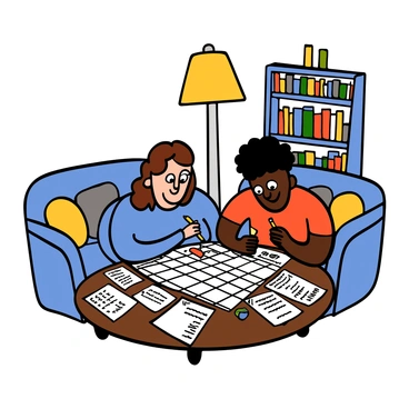 Two friends are sitting in a cozy living room, competing to fill in a large crossword grid on a coffee table in front of them. One friend is a light-skinned woman with big eyes and long wavy brown hair, wearing a blue sweater. The other friend is a dark-skinned man with big eyes and short curly hair, wearing a red t-shirt. They are both focused on the crossword, with pencils in hand and sheets of paper scattered around them. A warm lamp lights the room, and a bookshelf filled with books is visible in the background. A comfortable sofa and colorful cushions are arranged nearby, adding to the inviting atmosphere.