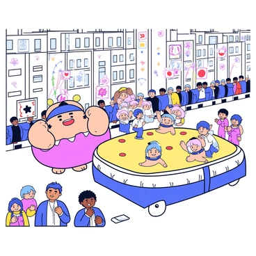 A bustling city parade with colorful floats showcasing designs inspired by sumo wrestling. One float features a large, cartoonish sumo wrestler character, dressed in a traditional mawashi, with exaggerated facial features and a cheerful expression. Another float displays a giant ring, complete with a sandy surface and mini sumo wrestlers playfully competing on top. There are flags waving in the air, each decorated with symbols representing Japanese culture. Spectators line the streets, smiling and clapping as they enjoy the festive atmosphere.