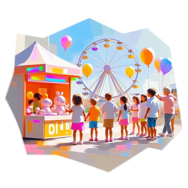 A cheerful spring fair scene filled with vibrant colors and lively activities. Several children are playing games at different booths, their faces bright with excitement and joy. In one area, a group of kids is competing to win plush toys at a ring toss game, while another child is laughing as they try to pop balloons with darts. Colorful carnival rides are visible in the background, including a Ferris wheel with its brightly lit gondolas, spinning delicately against a clear blue sky. Balloons in various shapes and colors float above the fair, adding to the festive atmosphere. Families are walking around, enjoying delicious treats like cotton candy and popcorn, while cheerful music adds to the lively ambiance.