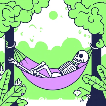 A skeleton is lying in a hammock, positioned between two thick trees. The skeleton's bony fingers lightly rest on the edges of the hammock, and its skull faces upward. Surrounding the hammock is an abundance of lush greenery, with large leaves and vines draping over the sides. Multiple shades of green foliage creates a dense background, and small flowers can be seen peeking through the leaves. Sunlight filters through the canopy, casting intricate shadows on the ground beneath the hammock. Nearby, a few tropical plants stand tall, adding to the vibrant atmosphere of the scene.