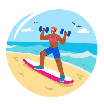 A surfer with sun-kissed skin and tousled hair is lifting a pair of bright blue dumbbells in a shoulder press while balanced on a surfboard. The surfboard is brightly colored with vibrant designs and is resting on soft, golden sand. In the background, gentle waves crash against the shore, and a clear blue sky with a few fluffy white clouds stretches above. The surfer has a determined expression, showcasing their strength and focus as they perform the exercise. Seagulls can be seen flying in the distance, adding to the beach atmosphere.
