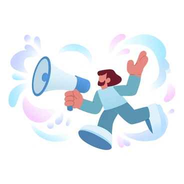 A character with a whimsical design is holding a giant megaphone. The character has a lively posture, expressing energy and enthusiasm. Around the character, there are visible sound waves emanating from the megaphone, illustrated as curved lines radiating outward. The sound waves are in various gradient pastel colors, creating a vibrant and dynamic atmosphere. The background complements the scene with soft, flowing colors that enhance the playful theme.