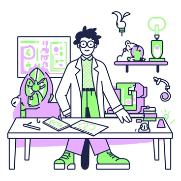 An eccentric inventor with wild, unkempt hair stands confidently in a cluttered workshop. He wears a lab coat over a patterned shirt and has large glasses that magnify his eyes. Around him are various strange inventions, including a contraption with gears and levers, a mechanical bird perched on a shelf, and a steam-powered device with pipes that lead to a bubbling container. There are blueprints scattered across a workbench, showcasing whimsical designs, and a lightbulb hangs above, illuminating the space.