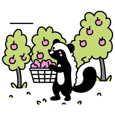 A skunk, with a bushy white stripe along its black fur, is standing on its hind legs. It is holding a woven basket filled with freshly harvested red apples. The orchard is alive with vibrant green trees, each laden with more apples. The ground is scattered with fallen fruit, and the sun casts gentle shadows, creating a warm atmosphere in the scene.