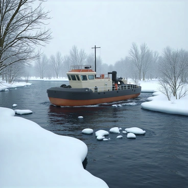A barge with a sturdy hull, painted in muted colors, is navigating through a partially frozen river. The water is a mix of dark blue and patches of white ice. The surrounding landscape features barren trees with branches dusted in snow, and a gray overcast sky adds a cold ambiance. The barge is pushing through the icy waters, sending small ripples outward, while small ice chunks float alongside it. The scene conveys a sense of quiet winter navigation, with the barge's movement contrasting against the stillness of the frozen surroundings.