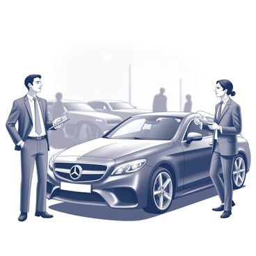Two car dealers are standing next to a high-end car at an auction. One dealer, wearing a tailored suit, is animatedly discussing the features of the car, gesturing with one hand while holding a clipboard in the other. The second dealer, dressed in a business casual outfit, leans against the sleek car, listening intently with a thoughtful expression. The auction environment is bustling with blurred figures in the background, showcasing a variety of luxury cars, while lights above illuminate the scene, highlighting the polished finish of the high-end vehicle.
