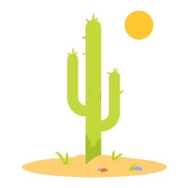 A tall green cactus with prominent spikes stands upright in the center of a vast, golden desert. The sandy ground surrounds the cactus, dotted with small stones and patches of dry grass. Above, a bright yellow sun shines intensely in a clear blue sky, casting defined shadows on the ground. The scene conveys a sense of resilience and solitude, with the cactus remaining unbothered by the harsh conditions.