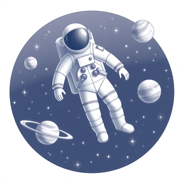 An astronaut in a space suit is floating in the vastness of space. The astronaut is positioned in the center of the image, with arms and legs slightly spread apart. Surrounding the astronaut are several planets of different sizes, each with distinct features and textures, along with scattered stars that add depth to the scene. The backdrop is a deep space environment, enhancing the feeling of weightlessness and isolation. The astronaut's helmet reflects the distant celestial bodies, creating a sense of connection to the cosmos.