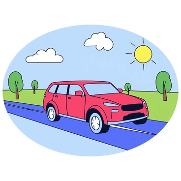 A crossover SUV with a sleek design and shiny exterior is driving down an open road. The SUV is painted in a vibrant red color and features large alloy wheels. The road is straight and stretches into the distance, bordered by green grass and occasional trees. Above, the sky is clear with a few fluffy white clouds scattered throughout. The sun is shining brightly, casting soft shadows on the pavement.