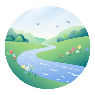 A winding river is flowing through an emerald valley, its surface reflecting the clear blue sky above. The riverbanks are lined with lush green grass and clusters of wildflowers in various colors. In the distance, gentle hills rise, providing a backdrop of vibrant foliage. The sunlight casts soft shadows on the water, creating a sparkling effect as it moves. The scene is tranquil, with a few birds flying overhead against the bright sky.