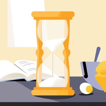 A classic hourglass egg timer made of polished wood with a transparent glass chamber filled with fine white sand. The hourglass is positioned upright on a smooth kitchen countertop made of dark granite. Soft, warm light illuminates the scene, casting gentle shadows around the hourglass. A few scattered ingredients like an open recipe book, a cracked egg, and a measuring cup are visible in the background, adding context to the kitchen setting.