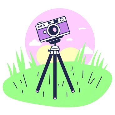 A vintage camera is mounted on a tripod, positioned in a grassy field. The camera has a textured body with a prominent lens, along with various dials and buttons visible. The tripod features three legs, firmly planted in the grass. The field is filled with tall blades of grass, gently swaying in the breeze. In the background, the sky displays a gradient of colors as the sun sets, casting soft light across the scene. The camera is angled slightly towards the horizon, capturing the beauty of the fading daylight.