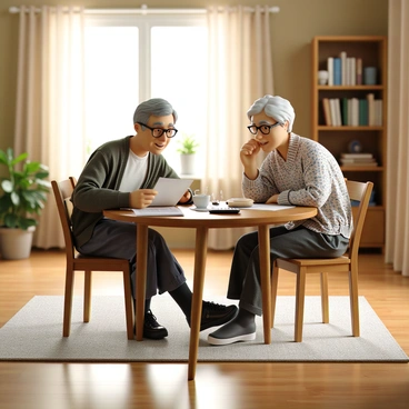 An elderly couple sits at a wooden table in a cozy living room filled with warm light. The man has gray hair and is wearing reading glasses, looking thoughtfully at a document. He is dressed in a cardigan and slacks. The woman, with short white hair and a floral blouse, is leaning in to discuss the plan, her hand resting on the table. The table is cluttered with papers, a calculator, and a steaming cup of tea. In the background, there are shelves filled with books and family photos that add a personal touch to the space. A soft rug lies underneath, and a window with light curtains allows natural light to spill into the room.