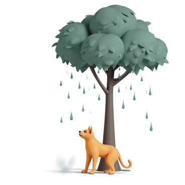 A puma with a sleek golden coat is standing beneath a large tree, its body tense and alert. The tree has a thick trunk and a wide canopy, with lush green leaves that are catching the raindrops. The raindrops are falling gently from the leaves, creating small splashes on the ground. The puma is gazing upward, its piercing eyes observing the movement of the water as it drips down. The surroundings are filled with a soft mist from the rain, enhancing the sense of tranquility in the scene.