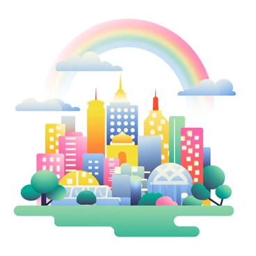 A vibrant cityscape features buildings of varying shapes and sizes floating in mid-air. Some buildings are cylindrical, while others have angular designs, creating a fantastical skyline. Each structure is adorned with bright colors like yellow, pink, and blue. Above, the sky is filled with a striking rainbow arching across the scene, with soft, wispy clouds scattered throughout. Below, lush greenery can be seen, with trees and gardens interspersed among the city structures.