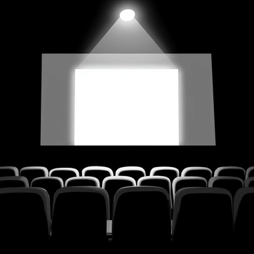 An empty cinema hall with rows of dark, cushioned seats. A large, white screen is positioned at the front of the hall. A single beam of bright light is projecting from the ceiling onto the screen, creating a vivid rectangle of illumination. The surrounding walls are dimly lit, enhancing the contrast between the projecting light and the shadowy interior of the hall.